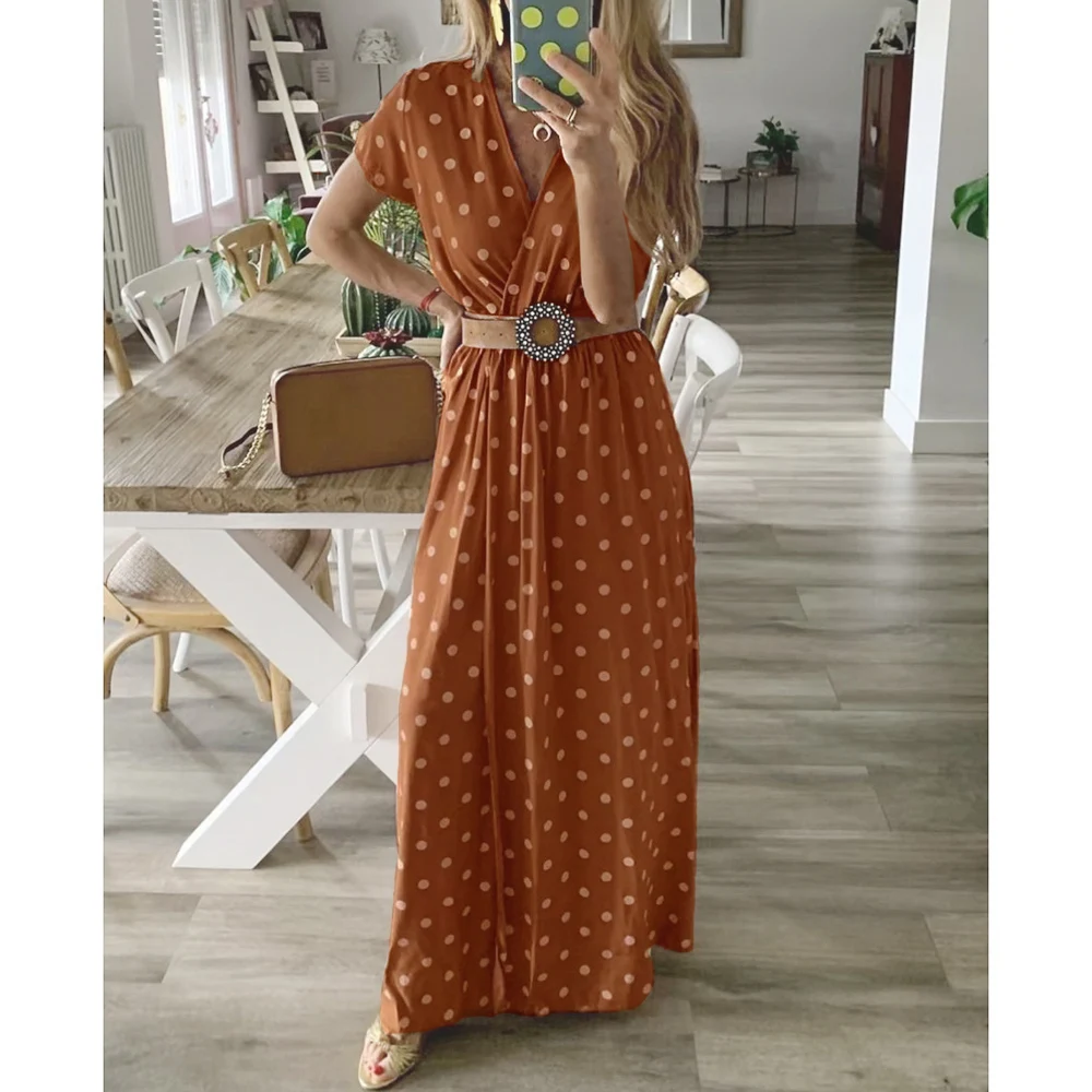 Dress Women Polka Dot Short Sleeve Fashion Sashes V Neck Summer Maxi Dress Elegant Ladies Long Formal Party Dress vestidos D30
Dress Women Polka Dot Short Sleeve Fashion Sashes V Neck Summer Maxi Dress Elegant Ladies Long Formal Party Dress vestidos D30