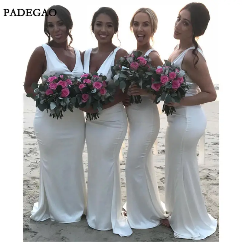2019 Sleeveless V Neck Wedding Guest Dress White Bridesmaid Dress Mermaid Long44