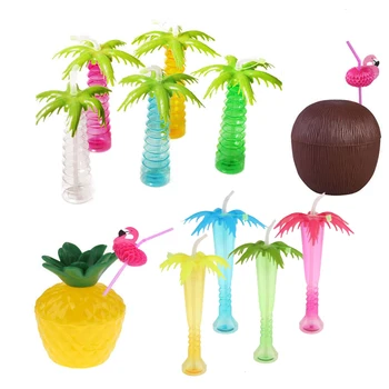 

5pcs/lot Tropical Coconut Tree Luau Yard Cup Hawaiian Summer Beach Party Drinks Juice Plastic Pineapple Cup with Flamingo Straws