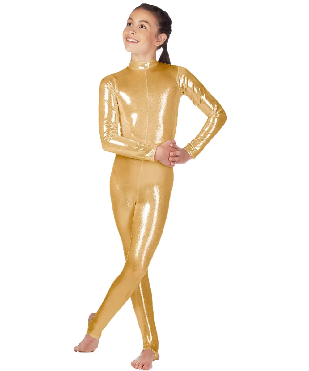 Long Sleeve Shiny Metallic Catsuits Gold Silver Mock Neck Girls Dance Unitard Child Bodysuit For Stage Performance (2)