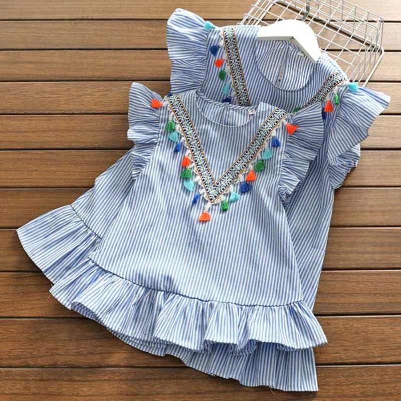 

Free shipping new fashion summer mother and daughter dresses vertical striped short sleeved dress fungus fringe cute dresses