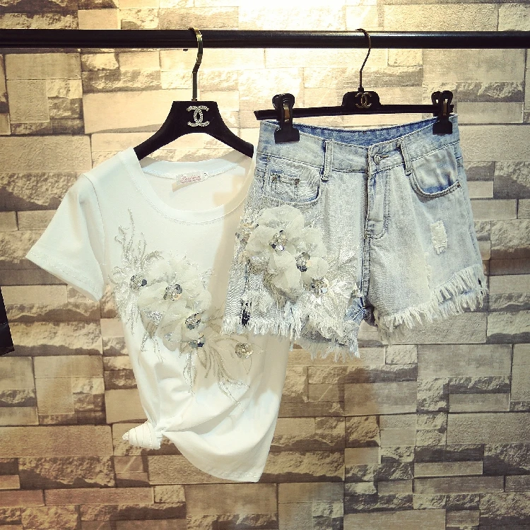 2019 Summer New Fashion Girls' Fashion 3D Flowers Short Sleeve T-shirt + Denim Shorts Twopiece Women Tassel Hole Jeans Sets
2019 Summer New Fashion Girls' Fashion 3D Flowers Short Sleeve T-shirt + Denim Shorts Twopiece Women Tassel Hole Jeans Sets