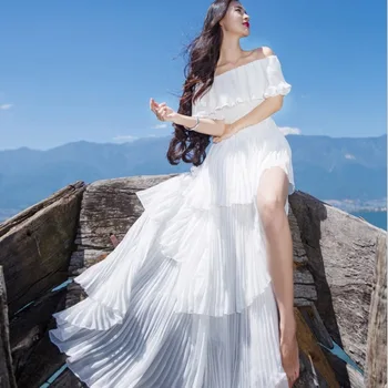 White Chiffon Long Dress Off Shoulder Strapless Red Ruffle Cake Dress Beach Holidays Vestidos
White Chiffon Long Dress Off Shoulder Strapless Red Ruffle Cake Dress Beach Holidays Vestidos