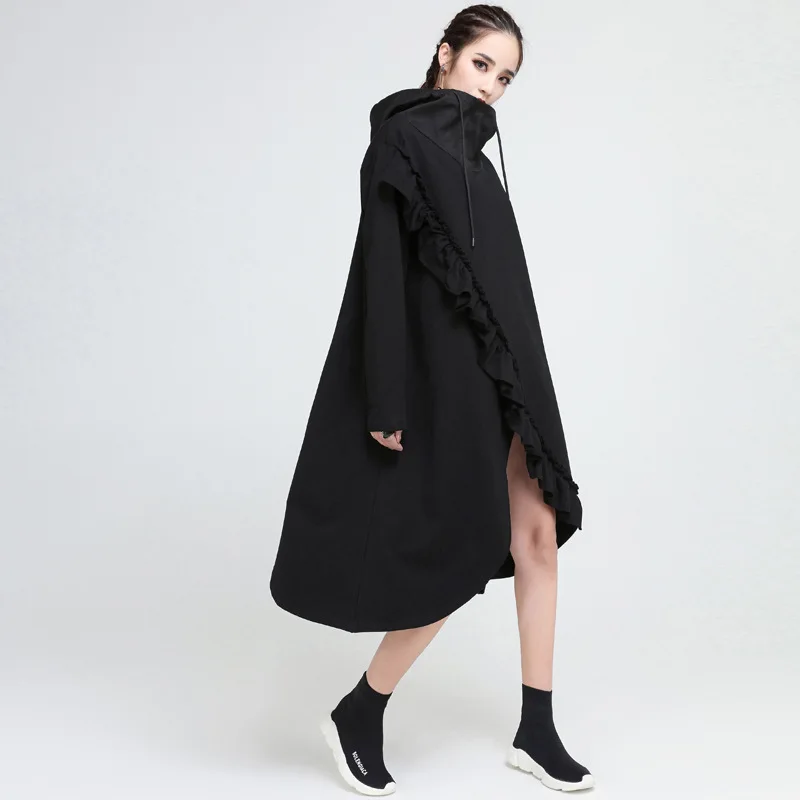 Johnature Streetwear Hooded Collar Plus Black Dress Women Irregular Patchwork Ruffles Pullover Female Dresses 2019 New Spring
Johnature Streetwear Hooded Collar Plus Black Dress Women Irregular Patchwork Ruffles Pullover Female Dresses 2019 New Spring