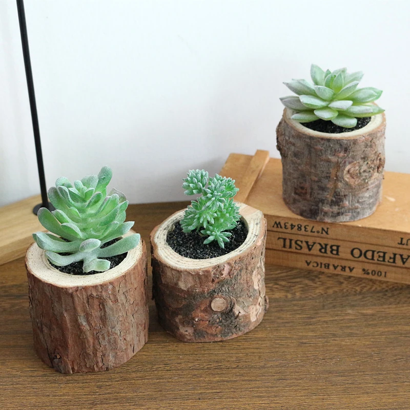 JAROWN Artificial Succulent Plants Potted Set Real Wooden Pile Flowerpot For Home Decoration Office Tabletop Decor (9)