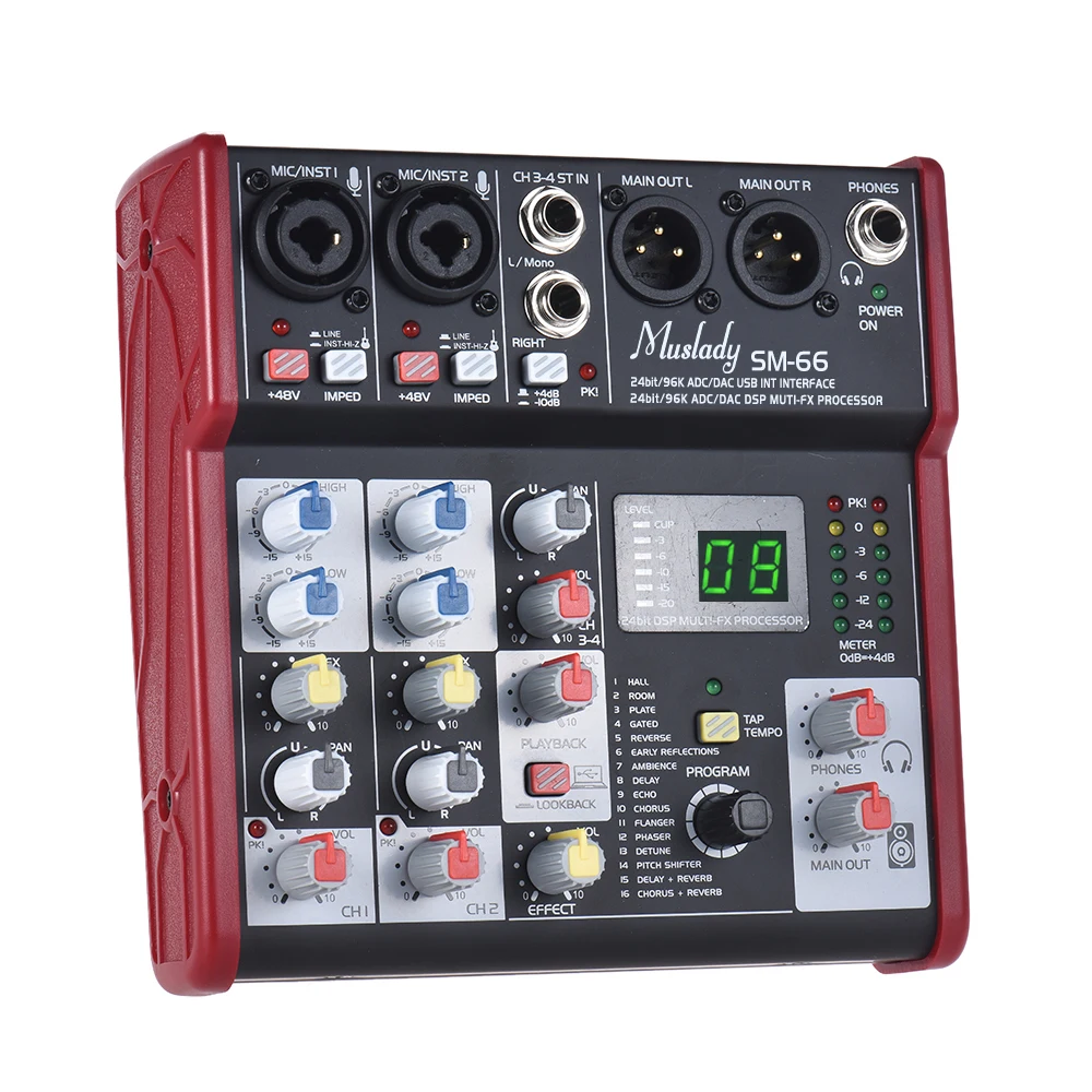 SM-66 4-Channel Sound Card Mixing Console Mixer Built-in 16 Effect with USB Audio Interface Support 5V Power Bank for Recording
SM-66 4-Channel Sound Card Mixing Console Mixer Built-in 16 Effect with USB Audio Interface Support 5V Power Bank for Recording