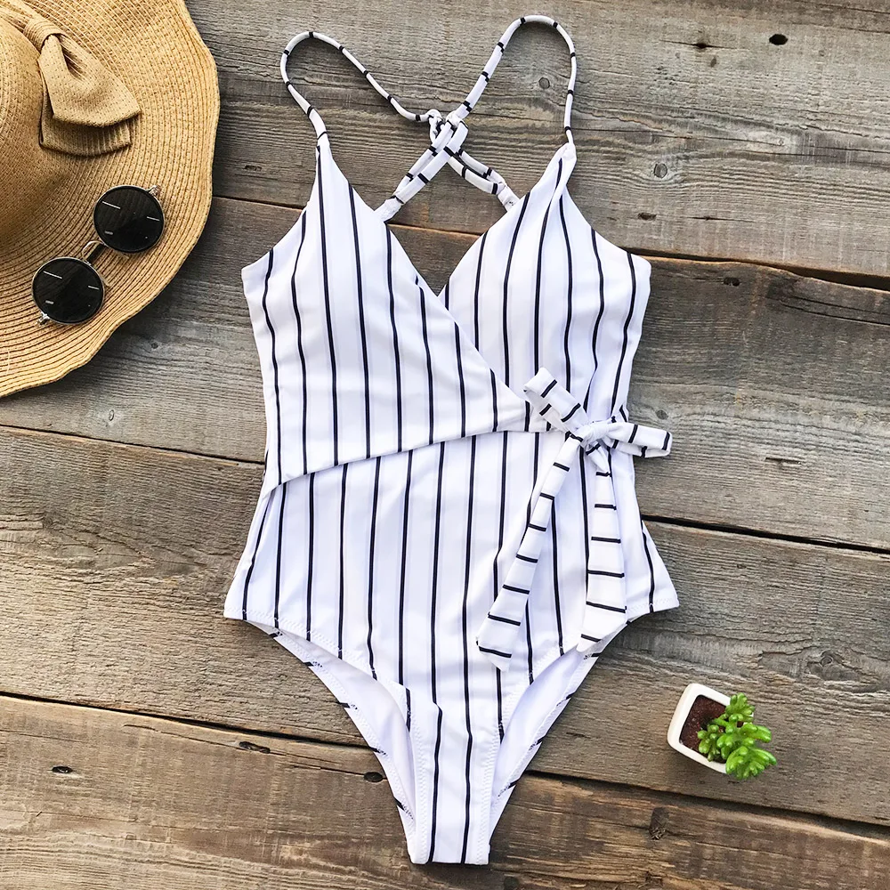 1FREE SHIPPING Young Stripe One-piece Swimsuit Deep V neck JKP369