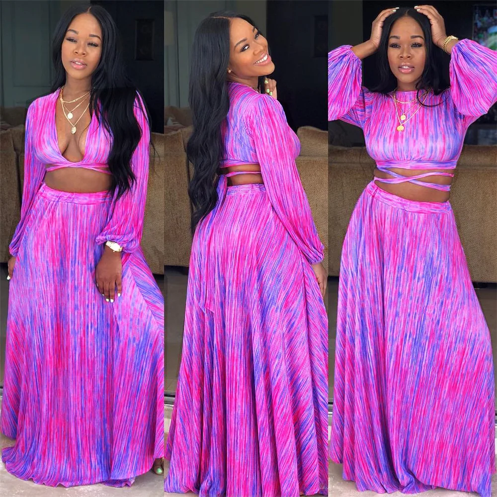 2019 Women new summer tie dye print lace up v-neck long sleeve crop to maxi big swing skirt suit two piece set dress CX105
2019 Women new summer tie dye print lace up v-neck long sleeve crop to maxi big swing skirt suit two piece set dress CX105