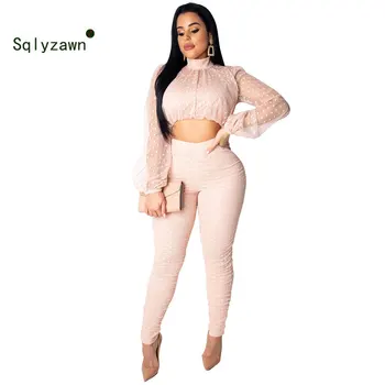 Women autumn 2 Piece Set Polka Dot Mesh Sunscreen Tshirt Crop Top and Pencil Pants Sets Sexy Pink Two Piece Club Outfits Pants 
Women autumn 2 Piece Set Polka Dot Mesh Sunscreen Tshirt Crop Top and Pencil Pants Sets Sexy Pink Two Piece Club Outfits Pants