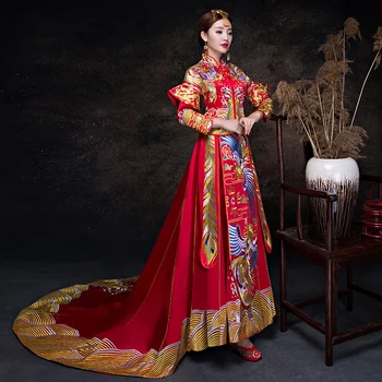 

Chinese Women Trailing Bride Wedding Dress Embroidery Phoenix Cheongsam Qipao Mandarin Collar Toast Clothing Vintage Vestidos