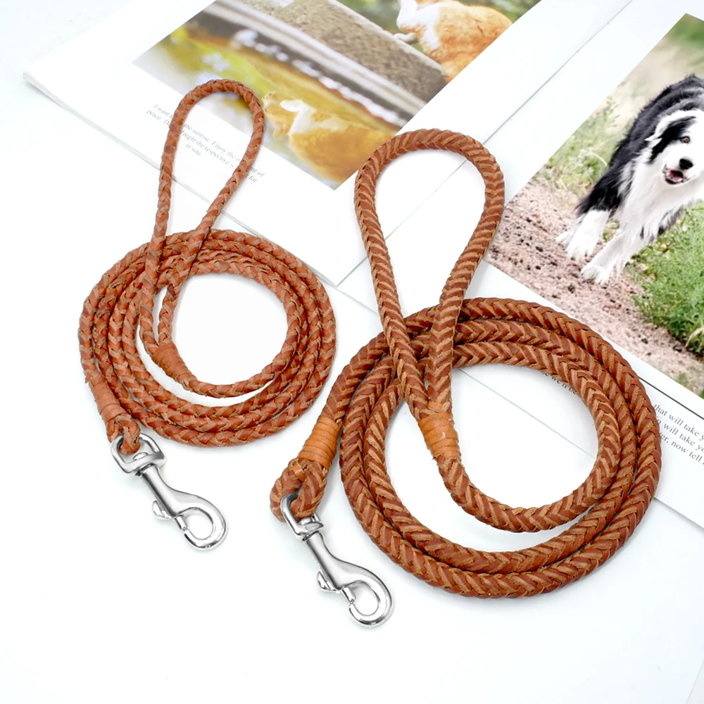 Braided Leather Puppy Walking Leash Leads Brown Color 4ft Long | DogsMall-International
