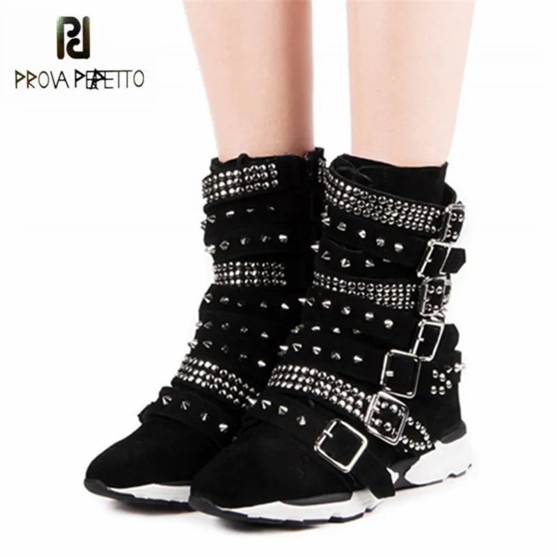 Prova Perfetto Black Suede Women Ankle Boots Rivets Studded Riding Boots Straps Platform Rubber Botas Mujer Casual Flat Shoes
Prova Perfetto Black Suede Women Ankle Boots Rivets Studded Riding Boots Straps Platform Rubber Botas Mujer Casual Flat Shoes