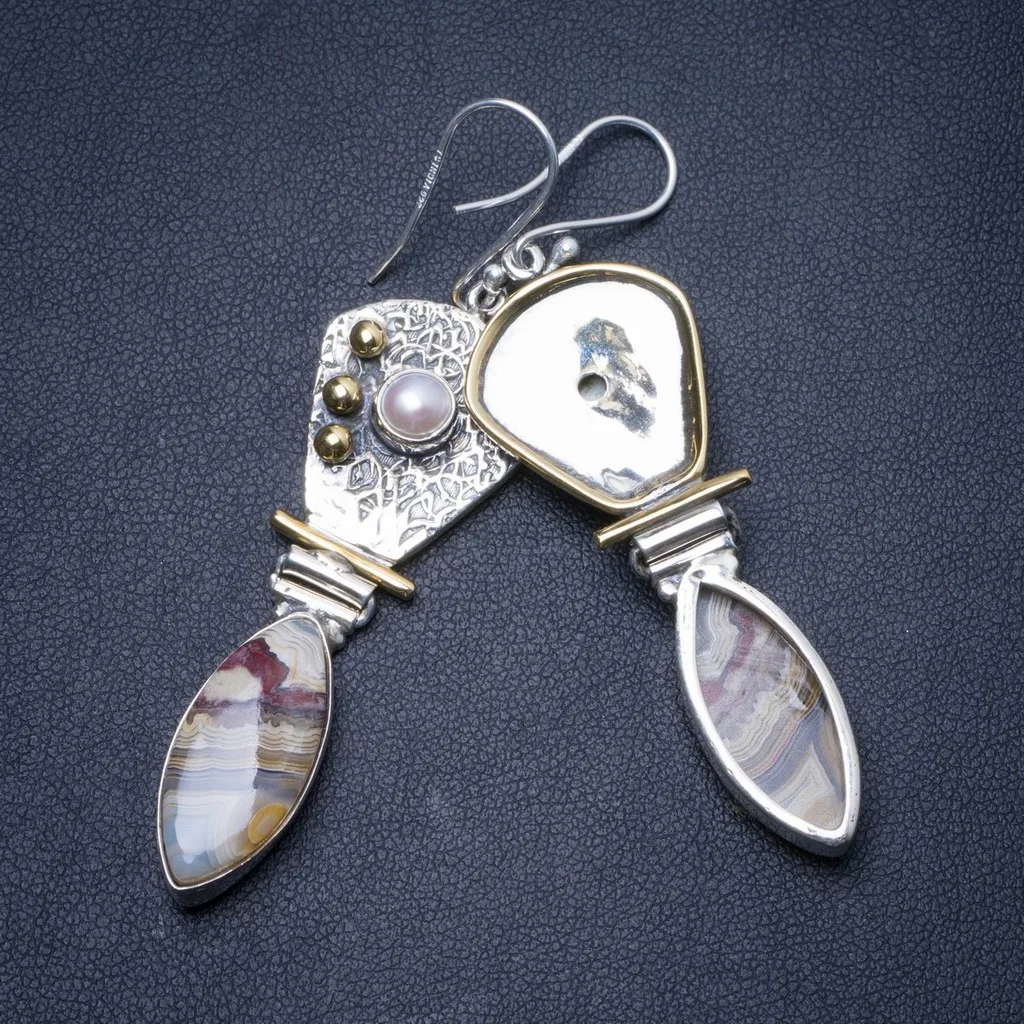 Natural Two Tones Crazy Lace Agate River Pearl Handmade Unique 925 Sterling Silver Earrings 2.5" Y0693
Natural Two Tones Crazy Lace Agate River Pearl Handmade Unique 925 Sterling Silver Earrings 2.5" Y0693