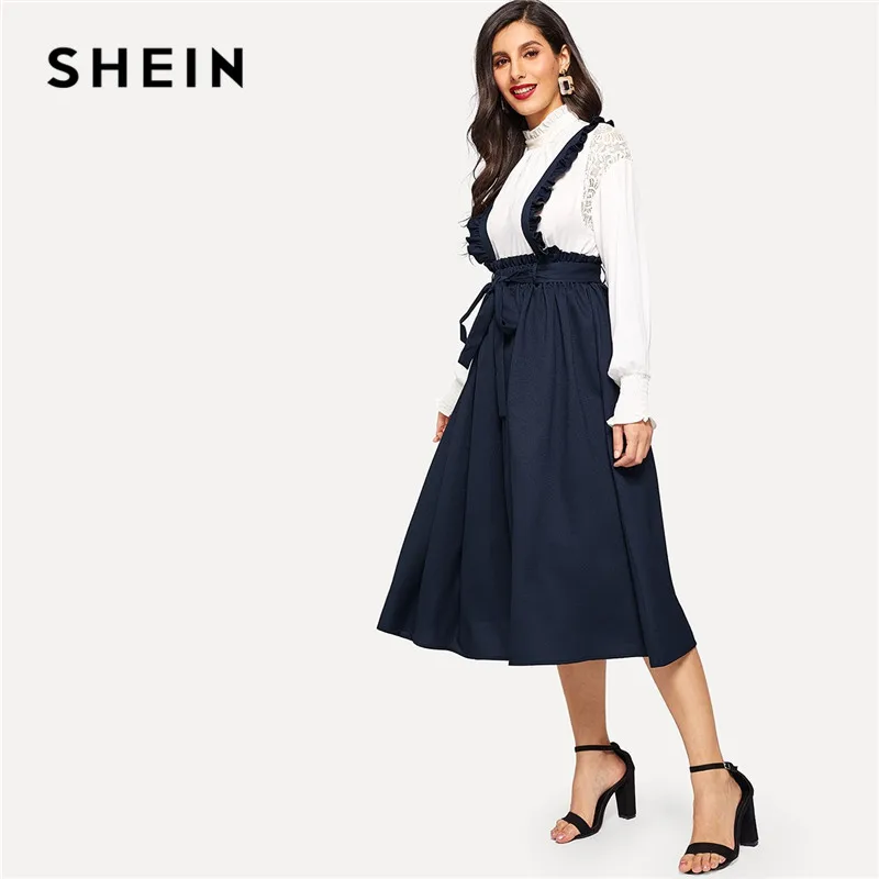 

SHEIN Navy Classy Retro High Waist Flare Belted Skirt With Frilled Strap Women Spring Elastic Waist High Street Midi Skirt