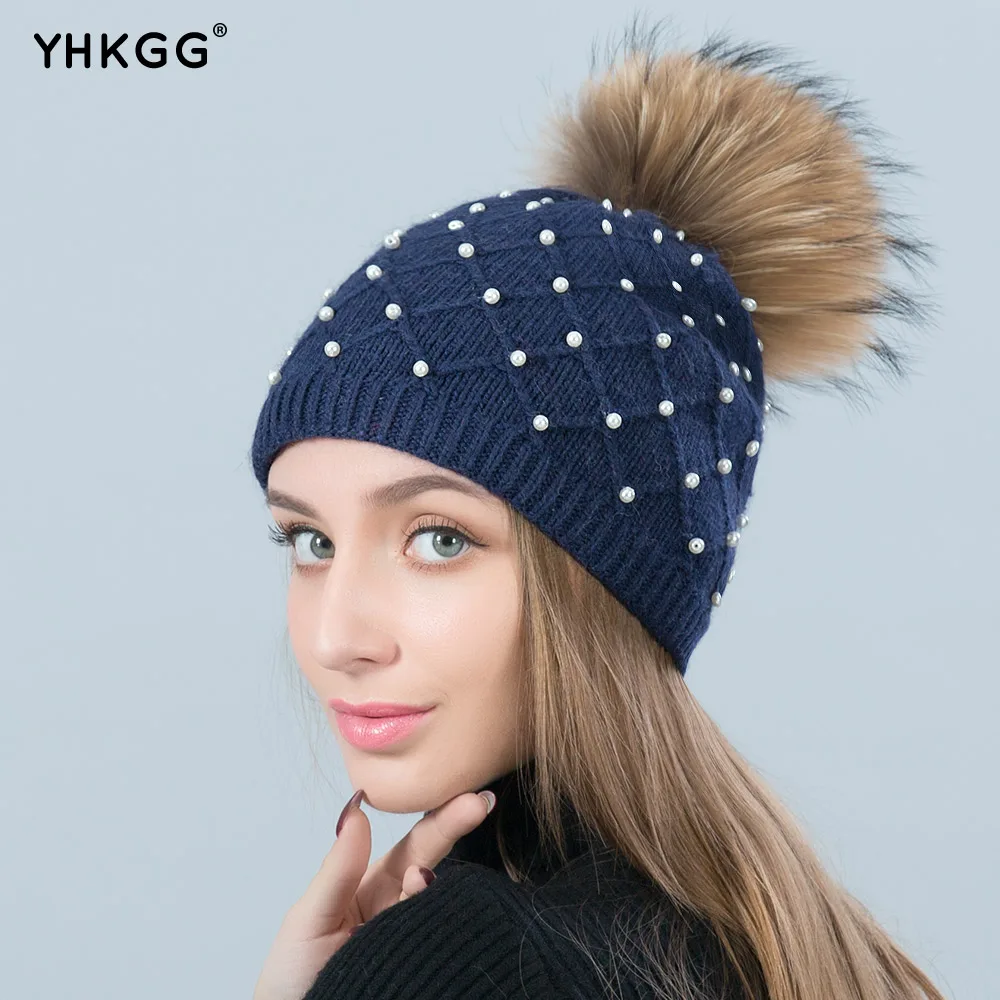 YHKGG 2018 New Women Autumn Winter Warm Wool Hat Knitted Pearl Rhinestones Elastic Beanies Cap | Аксессуары для одежды