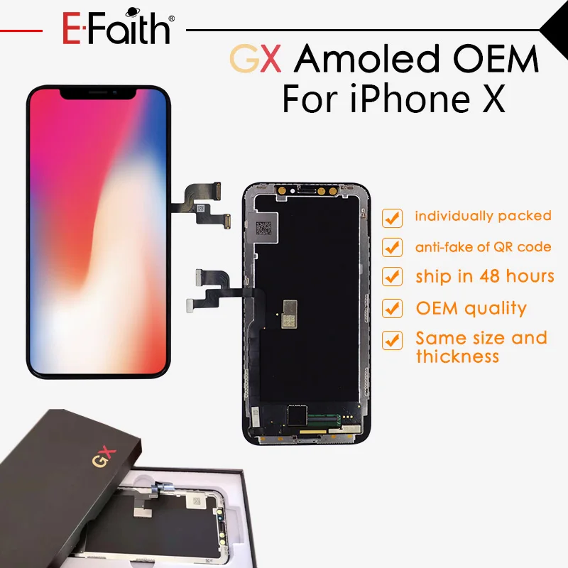 A+++OEM EFaith GX For iPhone X OLED Amoled LCD Display Touch Screen Digitizer Assembly Replacement same size and thickness
A+++OEM EFaith GX For iPhone X OLED Amoled LCD Display Touch Screen Digitizer Assembly Replacement same size and thickness