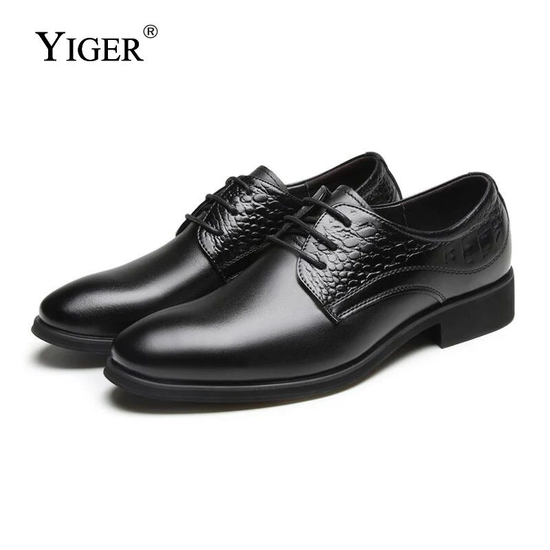 Мужские классические туфли YIGER черные/коричневые деловые из натуральной кожи на