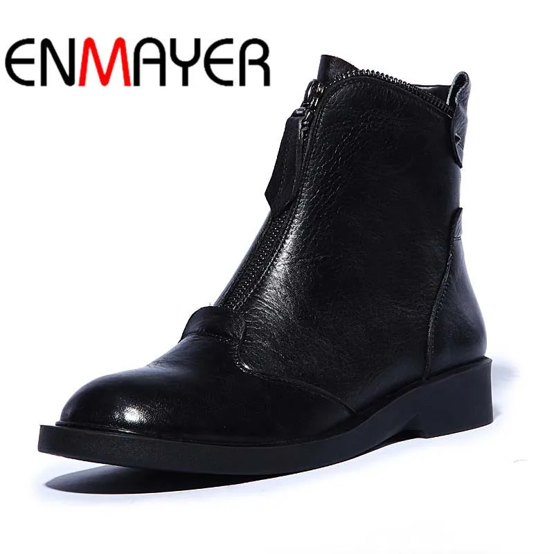 Image ENMAYER Big Size 34 42 Genuine Leather Ankle Boots for Women Black Newest Snow Fashion Winter Motorcycle Boots Cow Leather Shoes