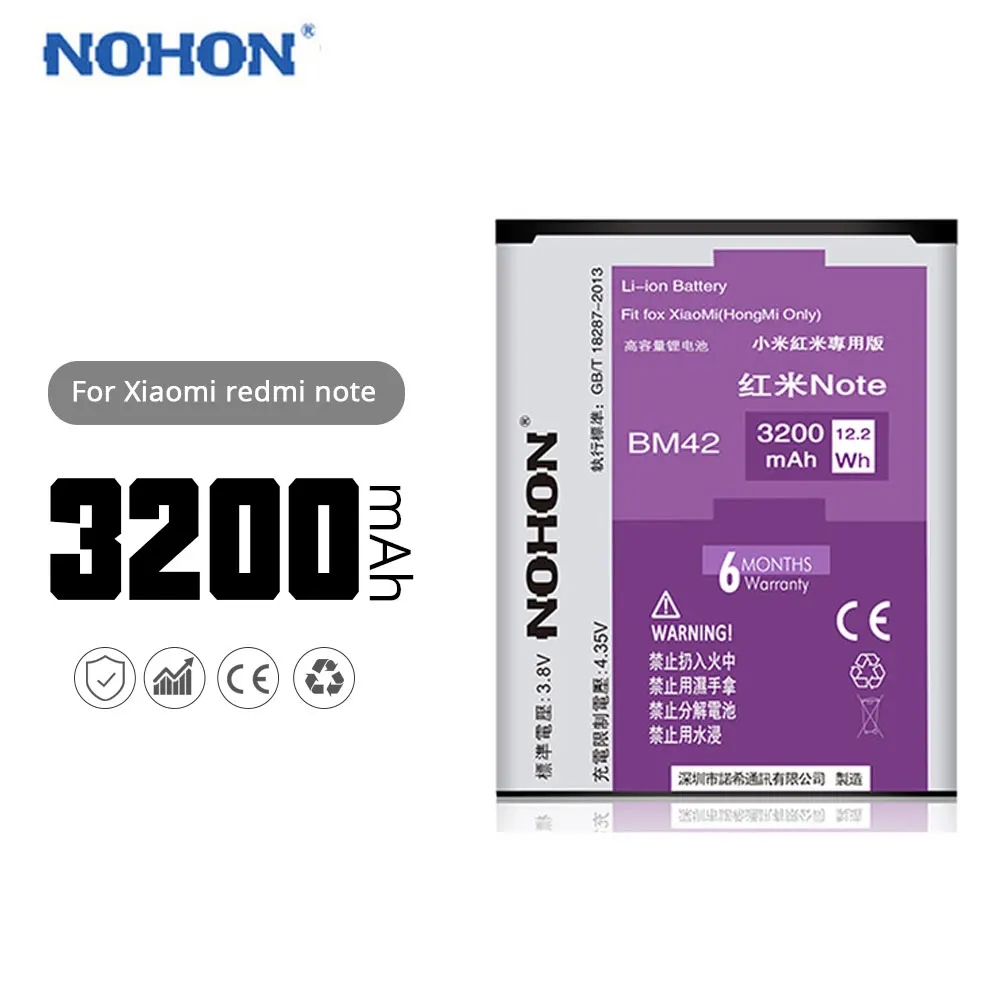 NOHON Battery 3200mAh BM42 For Xiaomi Redmi Note Hongmi Note Xiao Mi BM 42 Replacement Mobile Phone Lithium Battery
NOHON Battery 3200mAh BM42 For Xiaomi Redmi Note Hongmi Note Xiao Mi BM 42 Replacement Mobile Phone Lithium Battery