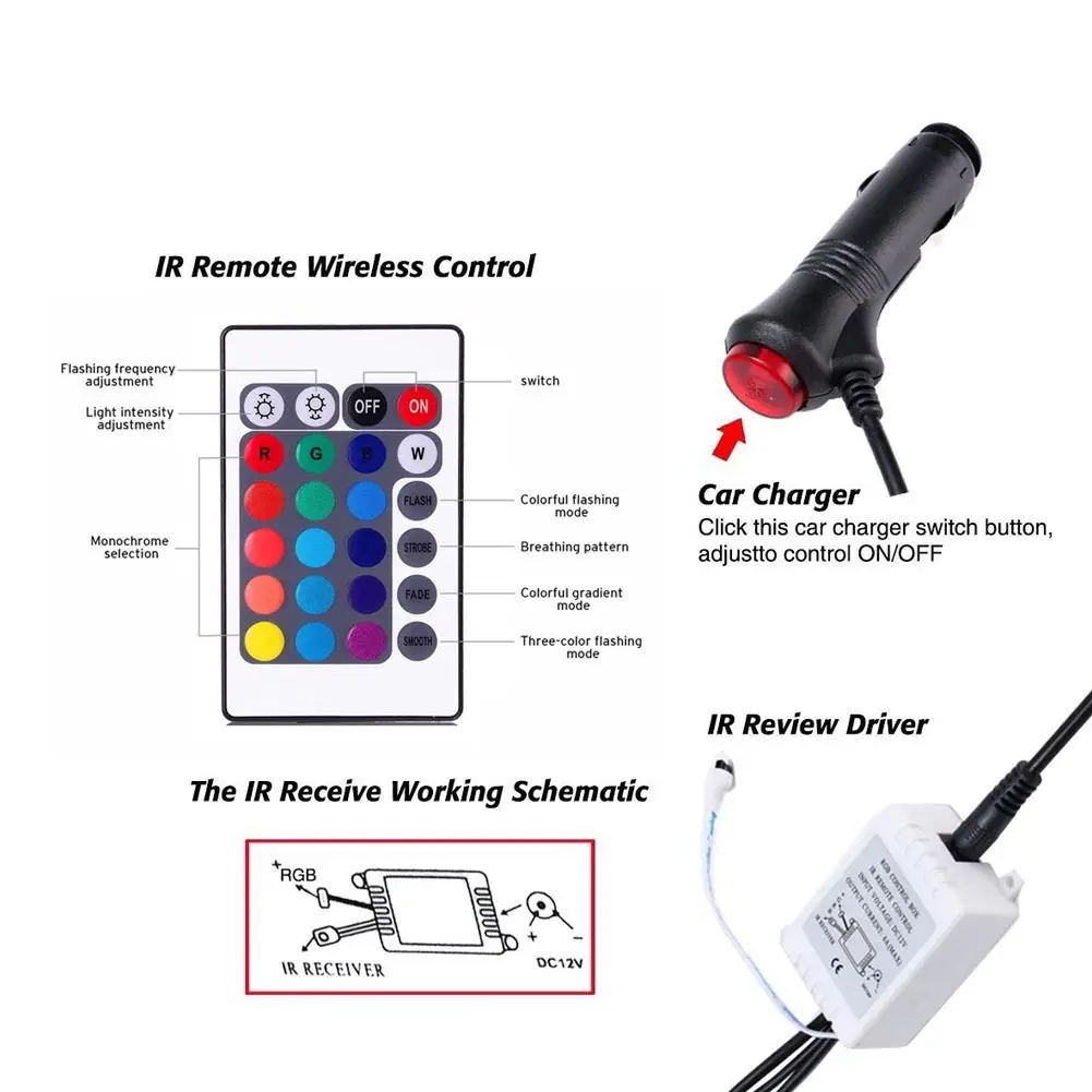 RGB 4pcs/set 12LED Car Interior Atmosphere Neon Light Strip Wireless Remote Control