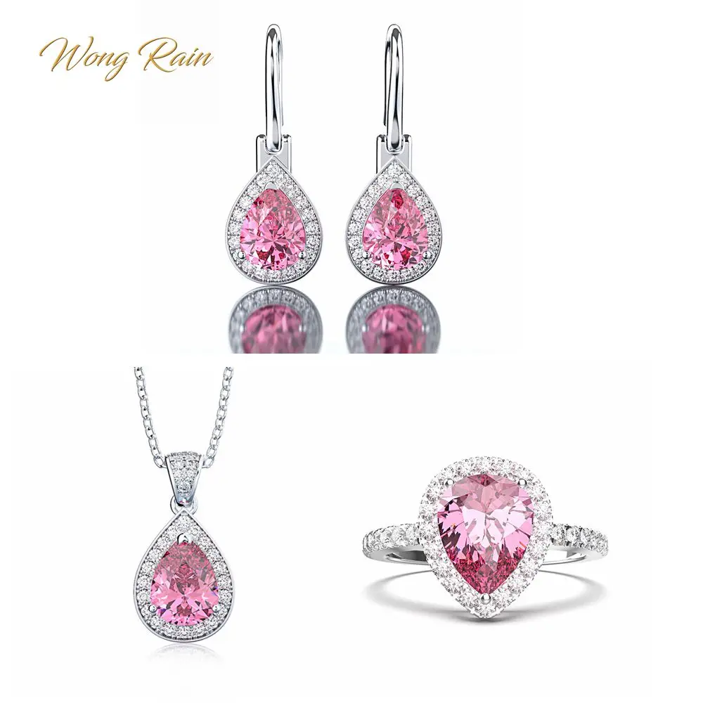 Wong Rain 100% 925 Sterling Silver Pear Water Drop Pink Sapphire Gemstone Hook Earrings Ring Necklace Fine Jewelry Set Wholesale
Wong Rain 100% 925 Sterling Silver Pear Water Drop Pink Sapphire Gemstone Hook Earrings Ring Necklace Fine Jewelry Set Wholesale