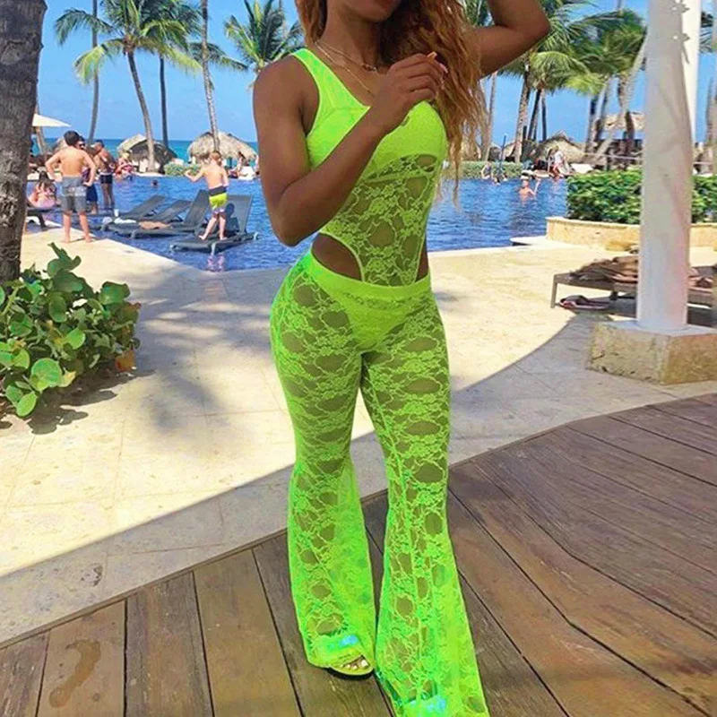 Sexy Mesh Sheer Floral Lace 2 Pieces Set Women Spaghetti Strap Bodysuits Neon Green High Waist Wide Leg Pants Two Piece Sets
Sexy Mesh Sheer Floral Lace 2 Pieces Set Women Spaghetti Strap Bodysuits Neon Green High Waist Wide Leg Pants Two Piece Sets