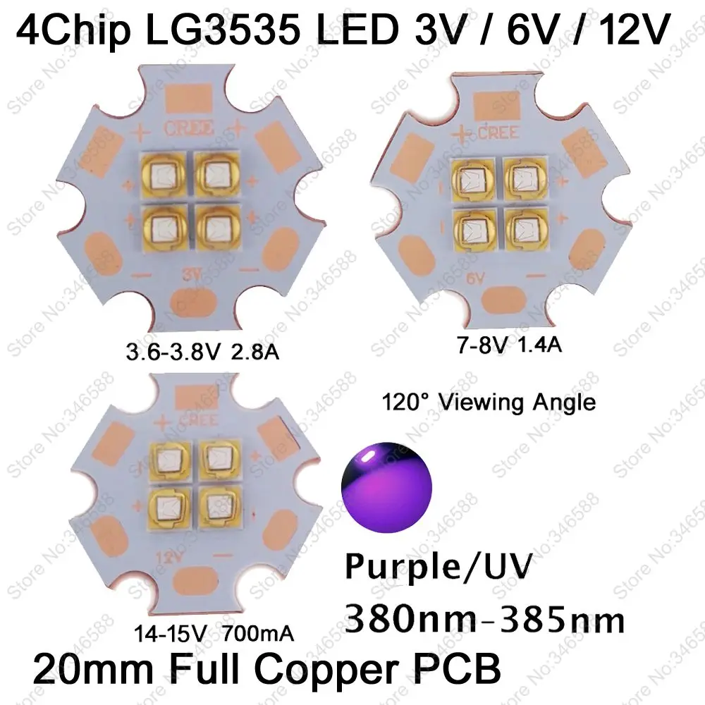 

5pcs 3V 7V 14V LG3535 10W 4Chips 4LEDs UV Ultraviolet 380nm - 385nm High Power LED Emitter Chip Diode 120 degree Viewing Angel