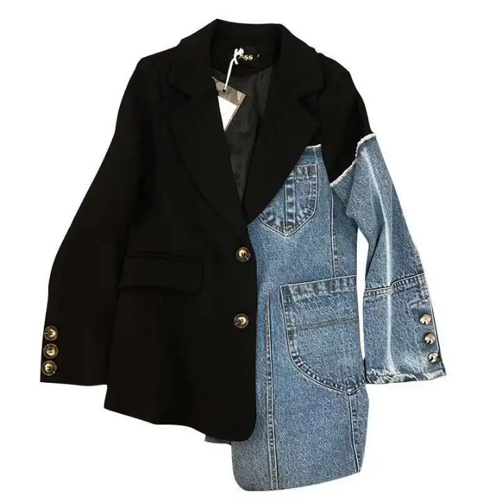 2019 spring new lapel stitching denim decoration small woman suit jacket female Coat Female Singer Luxurious Stage Costume
2019 spring new lapel stitching denim decoration small woman suit jacket female Coat Female Singer Luxurious Stage Costume