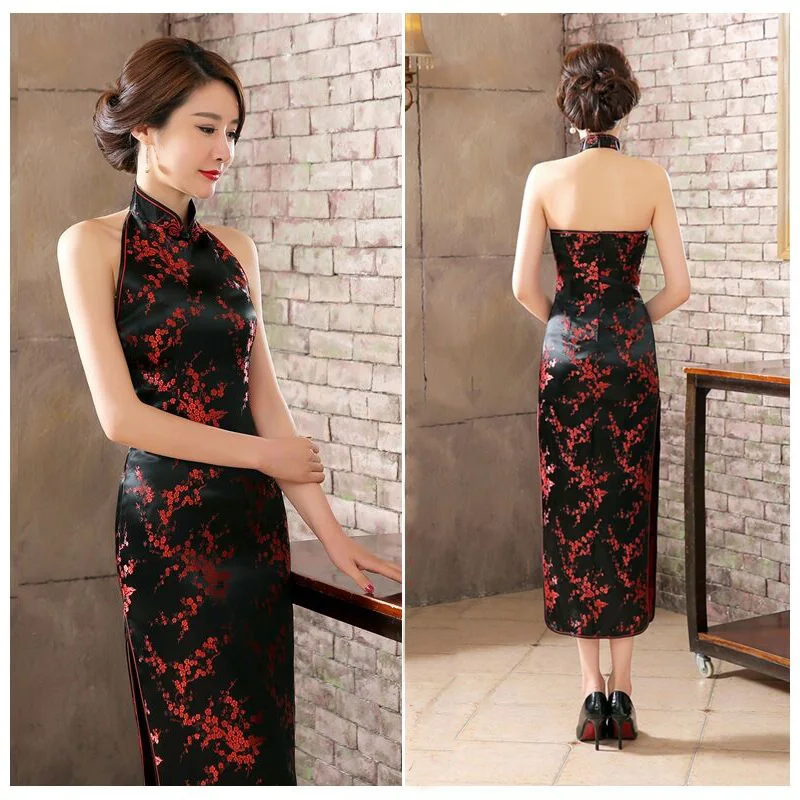 Black Long Cheongsam Traditional Chinese Style Womens Backless Costume Dress New Satin Slim Qipao Vestido Size S M L XL XXL XXXL 
Black Long Cheongsam Traditional Chinese Style Womens Backless Costume Dress New Satin Slim Qipao Vestido Size S M L XL XXL XXXL
