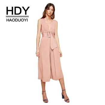 

HDY Haoduoyi Brand 2020 Pink/White Casual Jumpsuits V-Neck Sleeveless Cold Shoulder Belt Waist Wide Leg Elegant Jumpsuits Lady