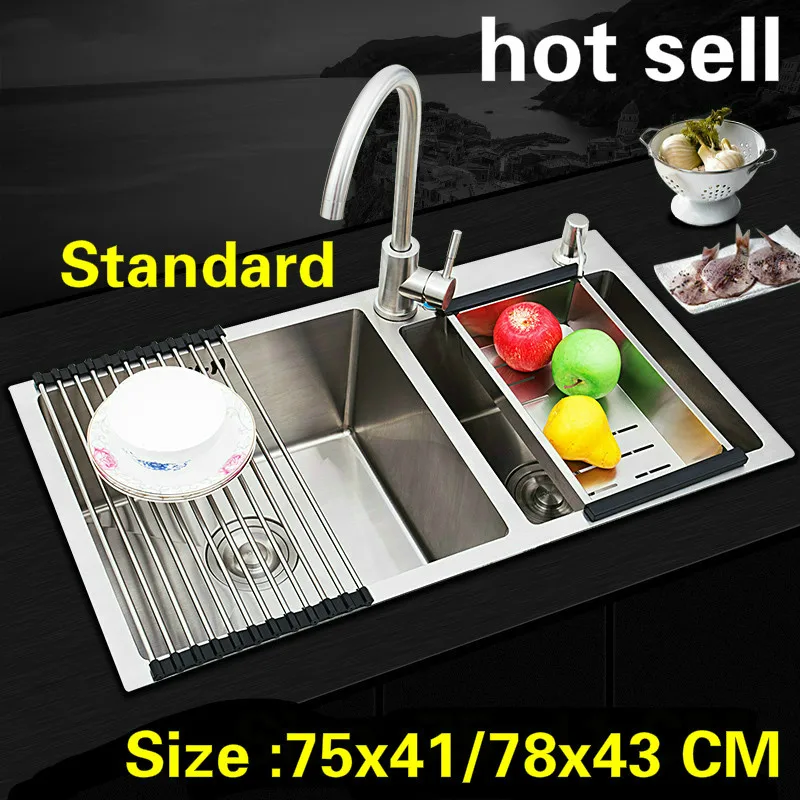 

Free shipping Apartment kitchen manual sink double groove do the dishes food grade 304 stainless steel hot sell 75x41/78x43 CM