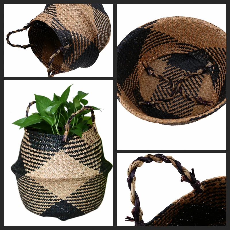 WHISM Folding Seagrass Flower Pots Planter Basket Rattan Plants Pots Laundry Flower Basket Storage Home Room Office Garden Pots 24