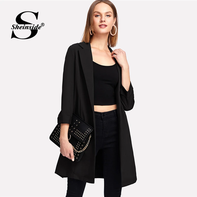 

Sheinside Black Long Sleeve Longline Female Workwear Blazer Office Ladies Plain Regular Fit Minimalist Women Autumn Elegant Coat