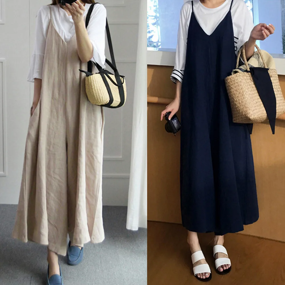 

2019 New Drop Shipping Plus Womens Cotton Linen Overall Jumpsuit Baggy Playsuit Wide Leg Pants Pencil Stretch Skinny Sexy