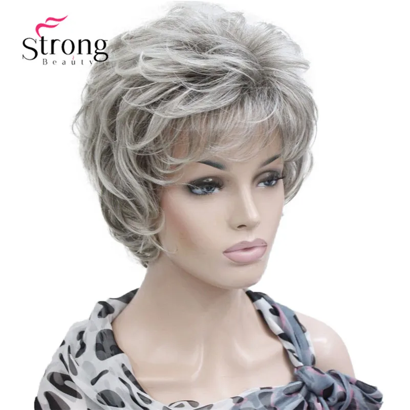 L-427B #48T fashion light gray with dark root mix curlywavy short synthetic women\` full wig (2)