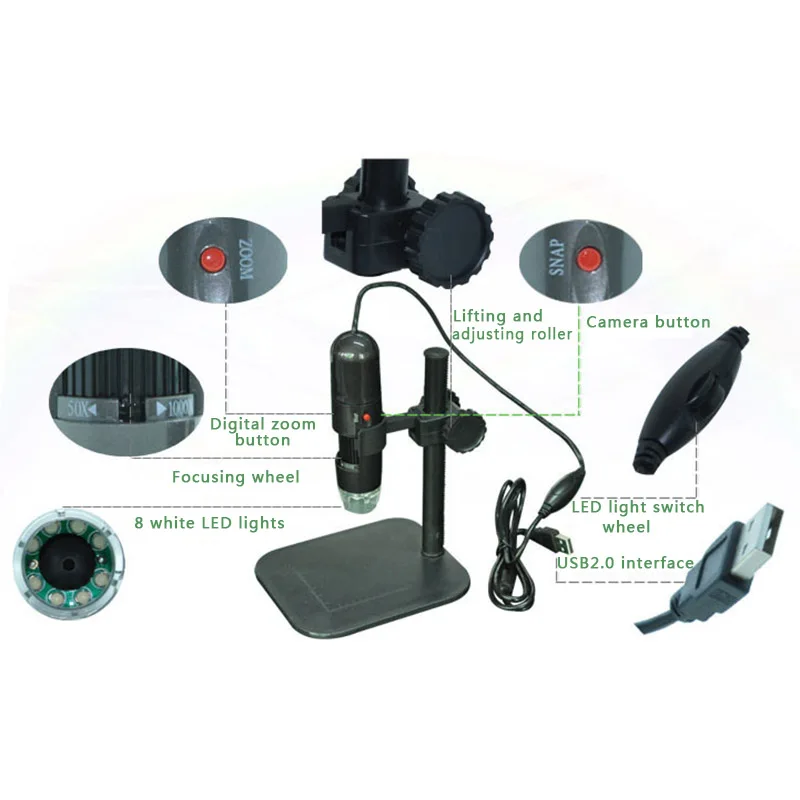 Фото Magnifying USB digital microscope 1000X Glasses Magnifiercamera electronics led electron biological Endoscope Desk Loupe Black |