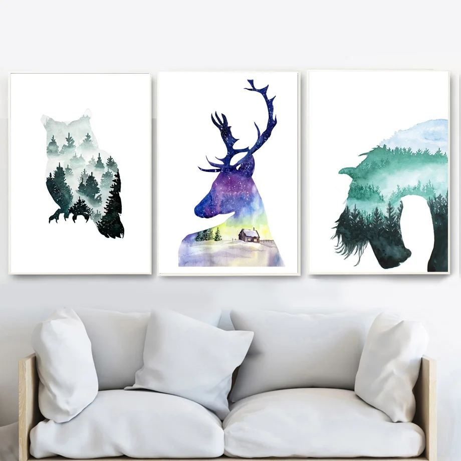

Abstract Watercolor Owl Deer Horse Forest Wall Art Canvas Painting Nordic Posters And Prints Wall Pictures For Living Room Decor