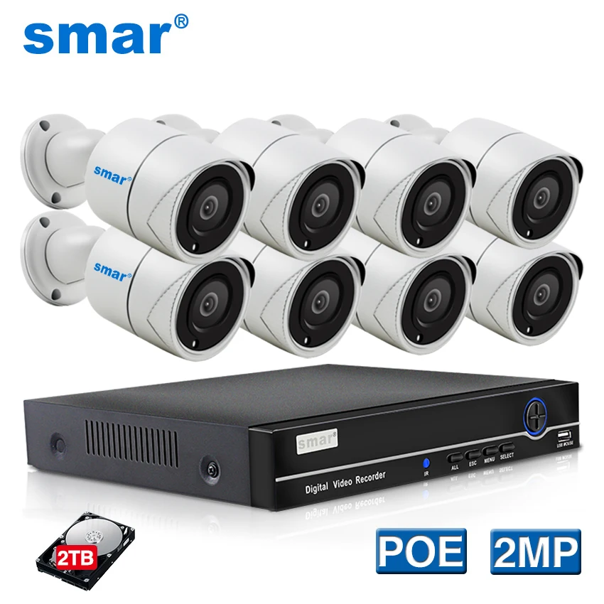 

Smar H.265 8CH 1080P POE NVR Kit Metal 2.0MP IR Outdoor Waterproof IP66 POE IP Camera CCTV Security Camera System 2TB HDD XMEYE