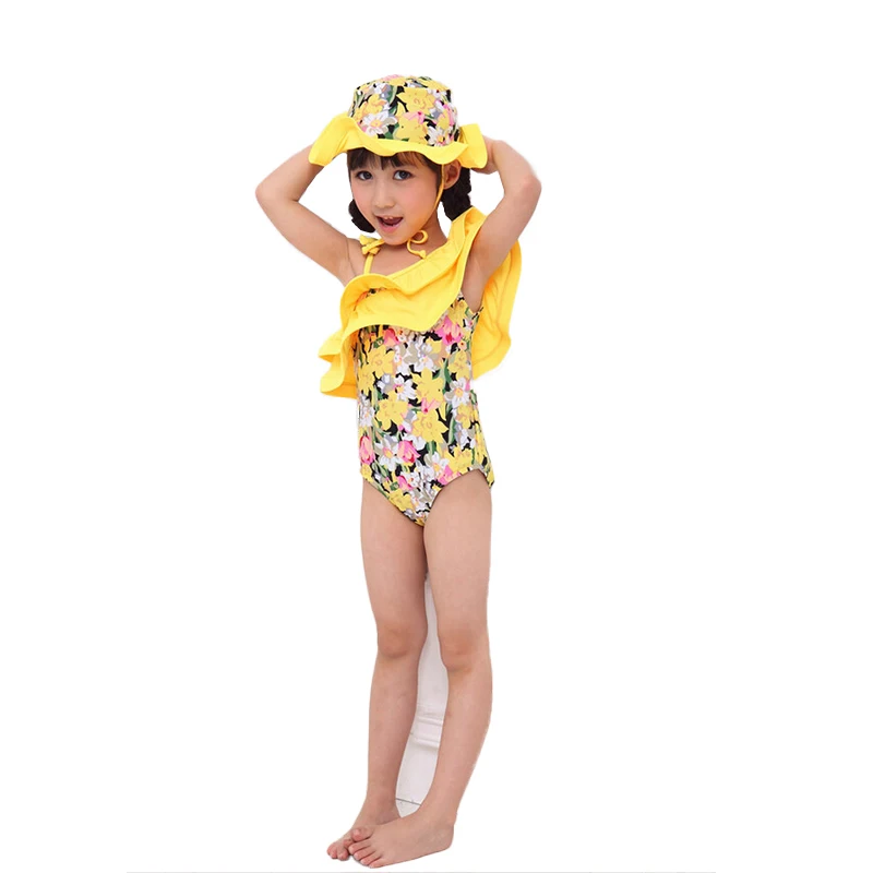 Цельный купальник с цветочным принтом и открытыми плечами для маленьких девочек