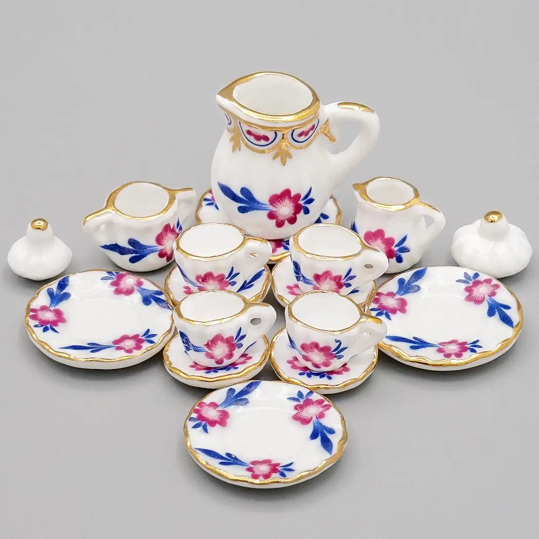

Odoria 1:12 Miniature 15PCS Porcelain Chintz Tea Cup Set Teapot Teaware Kitchen Dollhouse Accessories Doll House Decoration