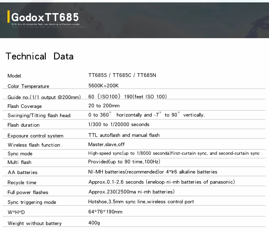Godox TT685 TT685C TT685N TT685S TT685F TT685O Flash TTL HSS Camera Flash speedlite for Canon Nikon Sony Fuji Olympus Camera