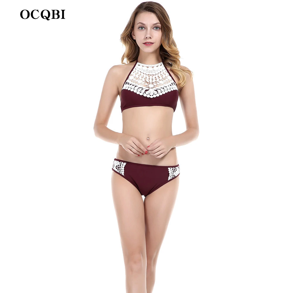 OCQBI бикини с высоким горлом кружевной купальник вязаными вставками сексуальный
