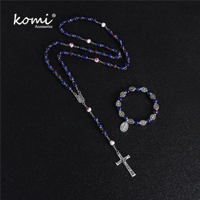 Komi New Fashion 8mm Blue Bead Jesus Cross Pendant Necklace Bracelet Set Handmade Catholic Rosary Religious Jewelry Gift R-127
Komi New Fashion 8mm Blue Bead Jesus Cross Pendant Necklace Bracelet Set Handmade Catholic Rosary Religious Jewelry Gift R-127