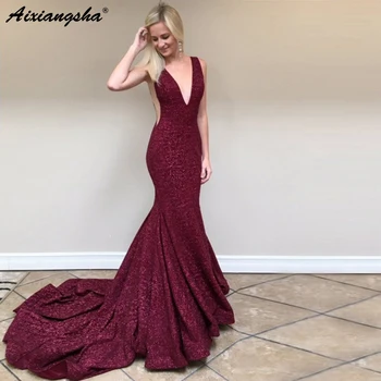Burgundy Mermaid Evening Prom Gown largos de fiesta V-Neck Sleeveless Backless Sweep Train Shinning Long Prom Dress
Burgundy Mermaid Evening Prom Gown largos de fiesta V-Neck Sleeveless Backless Sweep Train Shinning Long Prom Dress