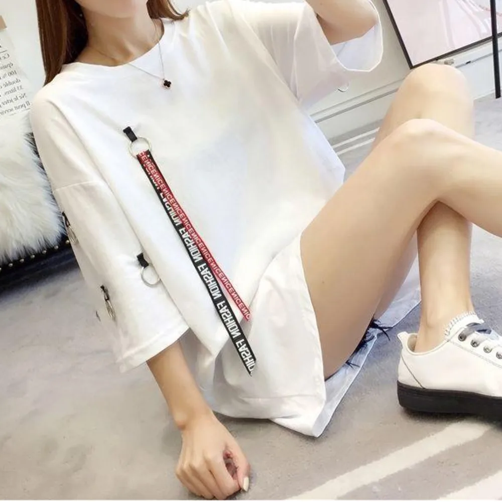 Summer T-shirt 3/4 Sleeve Women Korean Loose Harajuku Style Tops Ulzzang Black Bf Style O-neck T Shirt Vestidos
Summer T-shirt 3/4 Sleeve Women Korean Loose Harajuku Style Tops Ulzzang Black Bf Style O-neck T Shirt Vestidos