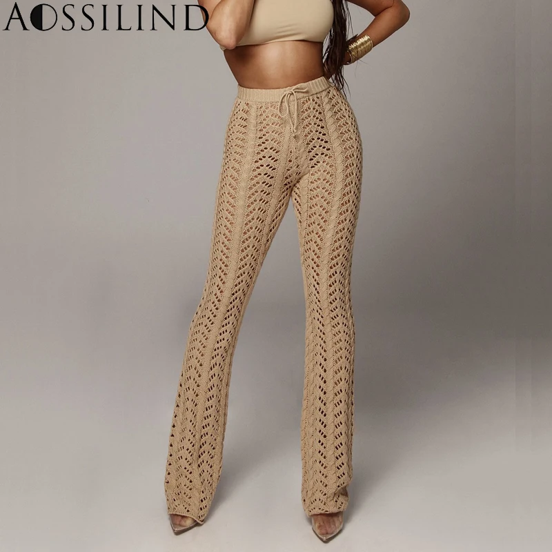 AOSSILIND Knitted high waist sexy club long pants women autumn hollow out see through beach flare trousers
AOSSILIND Knitted high waist sexy club long pants women autumn hollow out see through beach flare trousers