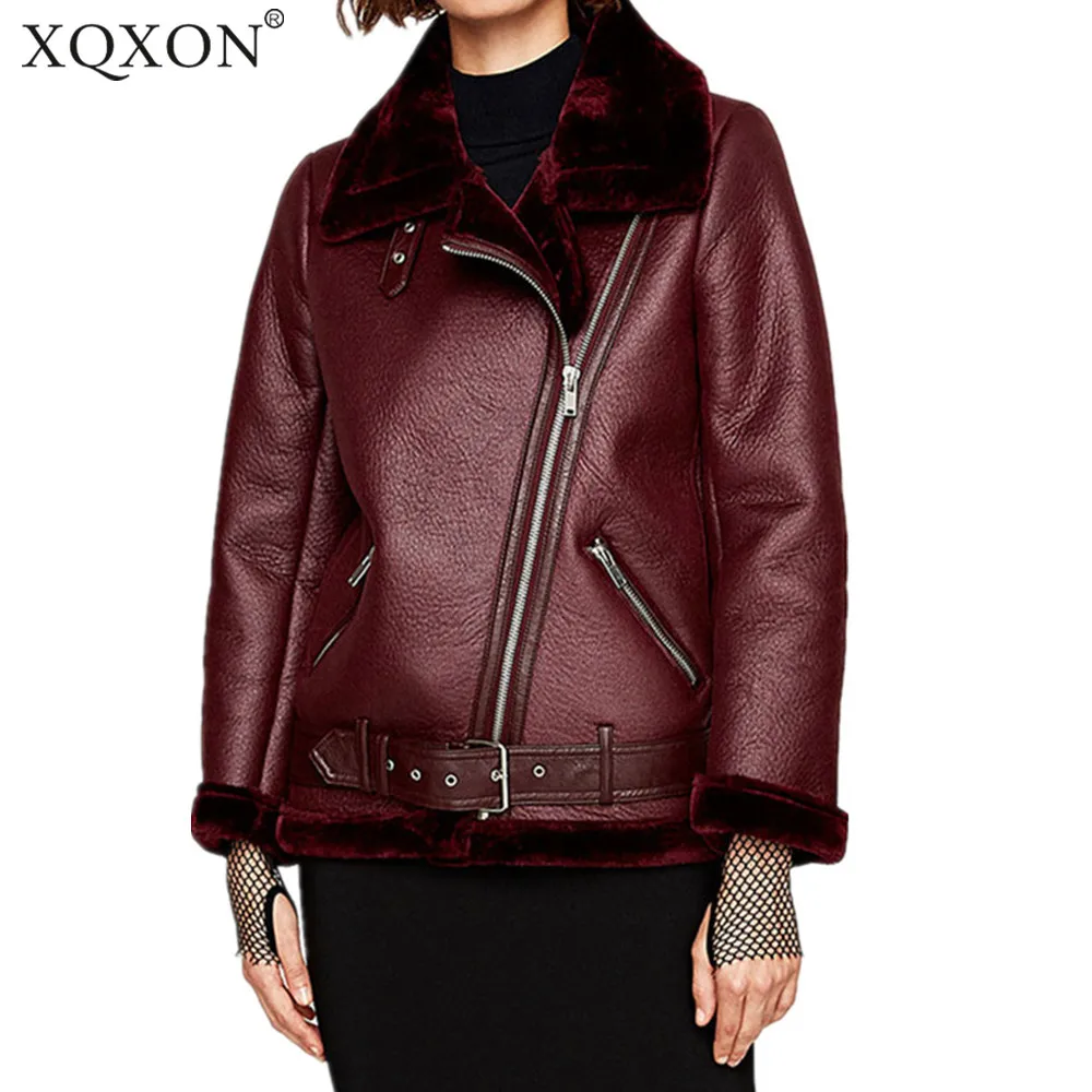 

2019 Winter Women sheepskin coats Thicken Faux Leather Fur female Coat Fur Lining Leather Jacket Aviator Jacket casaco feminino