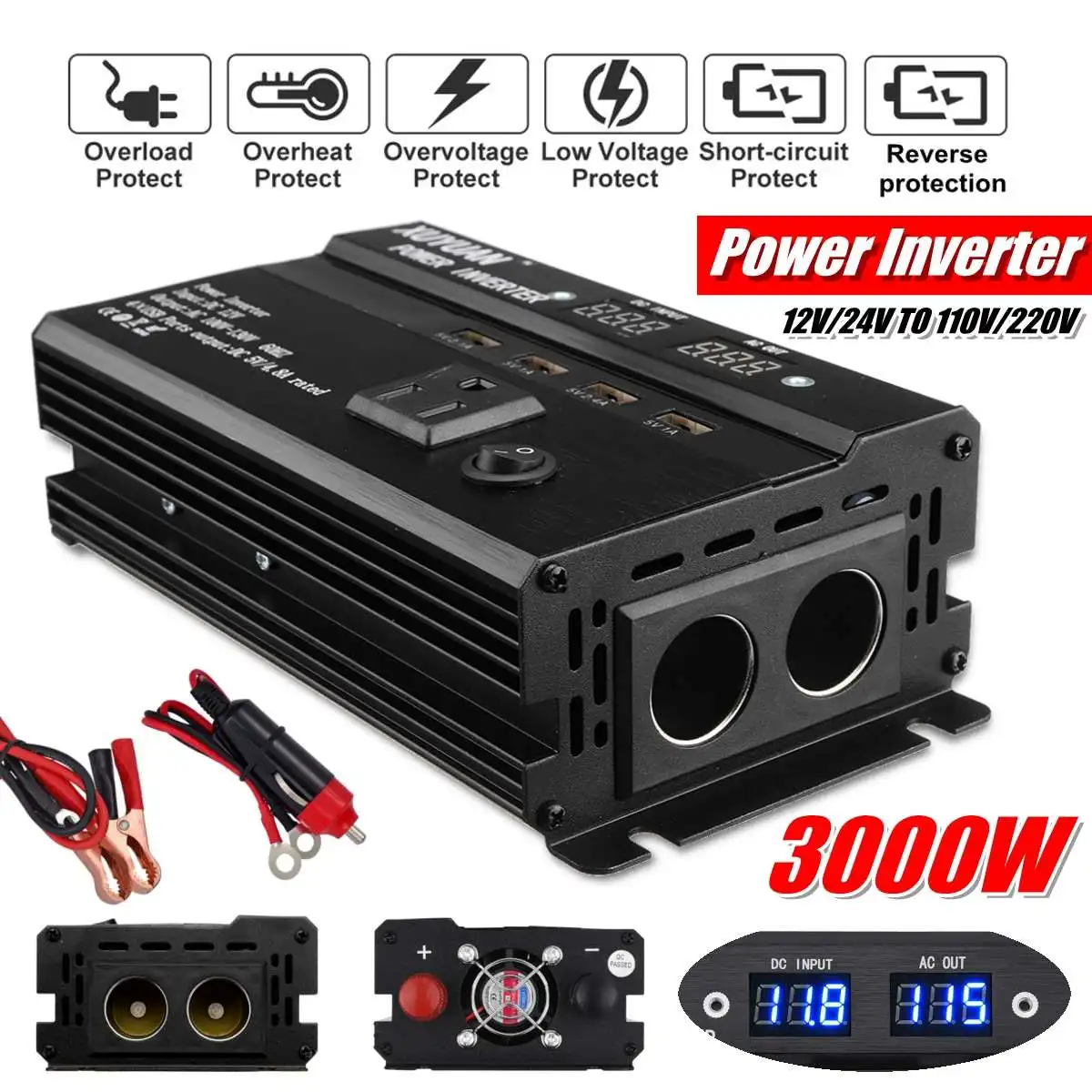 Car Inverter 12V 220V 3000W P eak Solar Power Inverter Voltage Transformer Converter Charger Solar Inversor 12V 220V LCD Display
Car Inverter 12V 220V 3000W P eak Solar Power Inverter Voltage Transformer Converter Charger Solar Inversor 12V 220V LCD Display