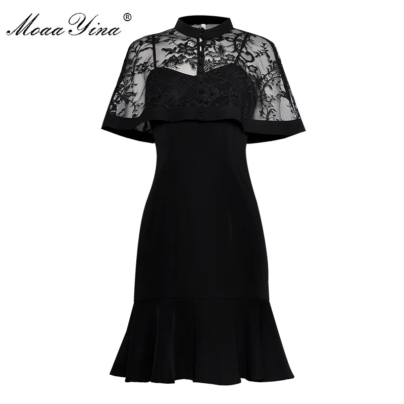 MoaaYina Fashion Designer Set Summer Women Lace Cloak Sleeves+Black Spaghetti Strap Mermaid dress Two-piece suit | Женская одежда