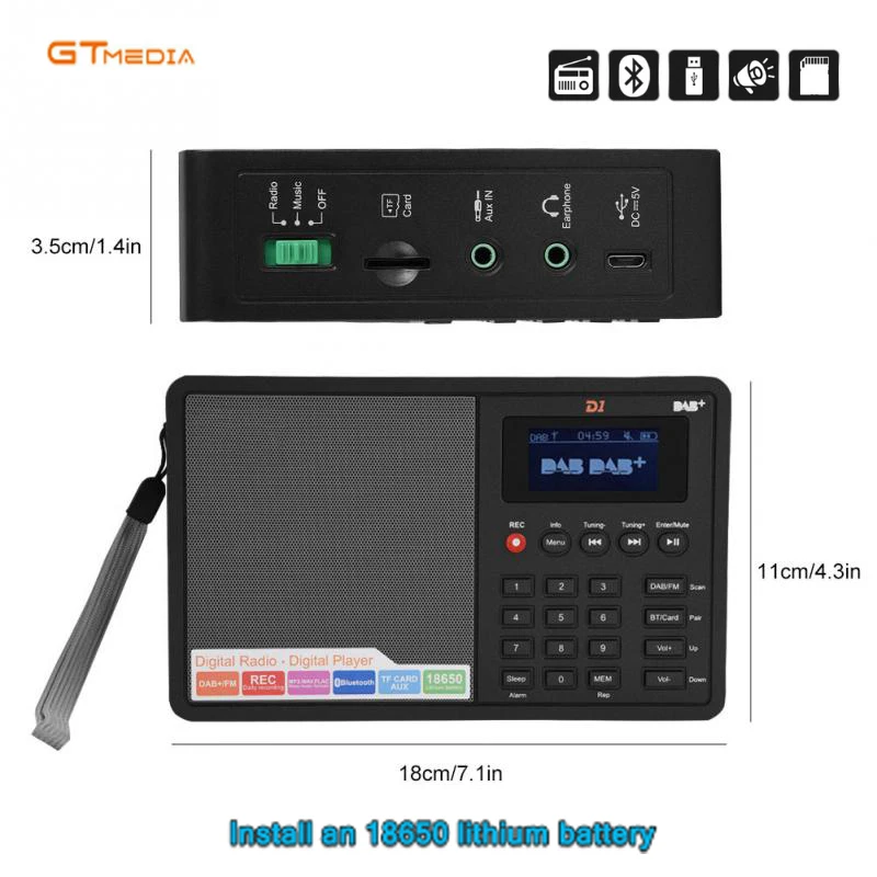GTMEDIA D1 Portable Radio FM DAB stereo/ RDS Multi Band Radio Speaker with LCD Display Alarm Clock Support Micro SD TF Card
GTMEDIA D1 Portable Radio FM DAB stereo/ RDS Multi Band Radio Speaker with LCD Display Alarm Clock Support Micro SD TF Card